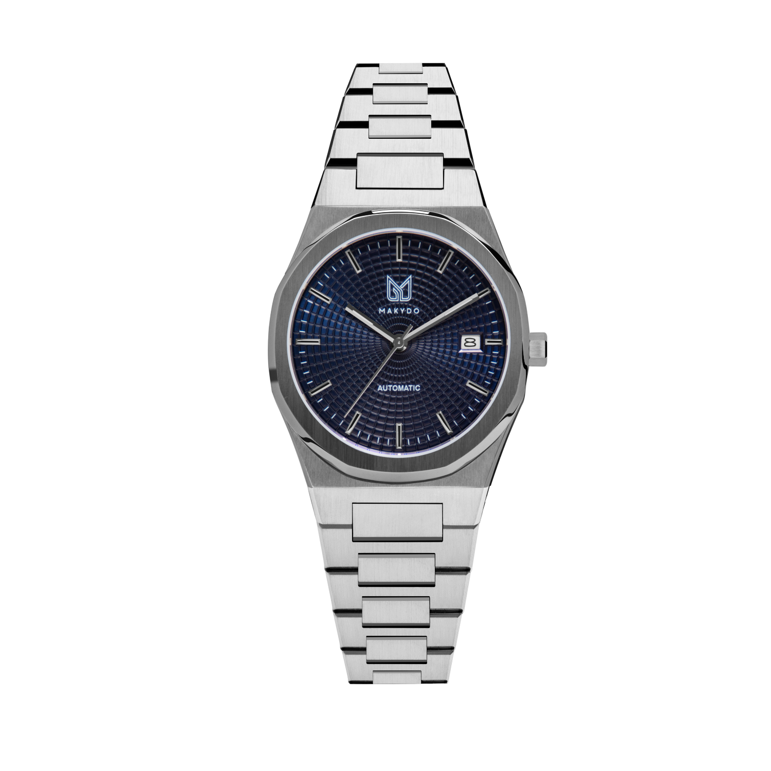 MAKYDO Classy Blue Mosaic 38 automatic unisex watch, featuring blue mosaic pattern dial.  316L Stainless Steel integrated bracelet complimented with a 9mm of slim case powered by a sturdy Japan MIYOTA 9015 movement