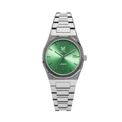 MAKYDO Absinthe Green 38 automatic unisex watch, featuring a Green sunburst dial.  316L Stainless Steel integrated bracelet complimented with a 9mm of slim case powered by a sturdy Japan MIYOTA 9015 movement.