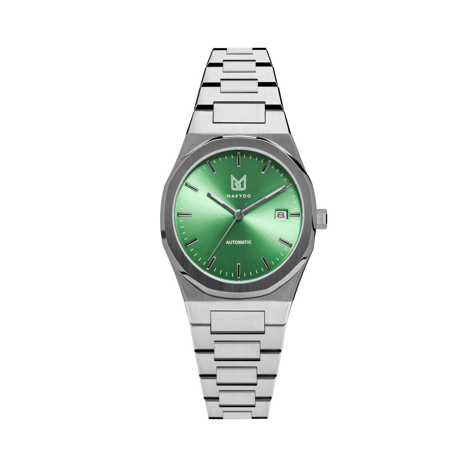 MAKYDO Absinthe Green 38 automatic unisex watch, featuring a Green sunburst dial.  316L Stainless Steel integrated bracelet complimented with a 9mm of slim case powered by a sturdy Japan MIYOTA 9015 movement.