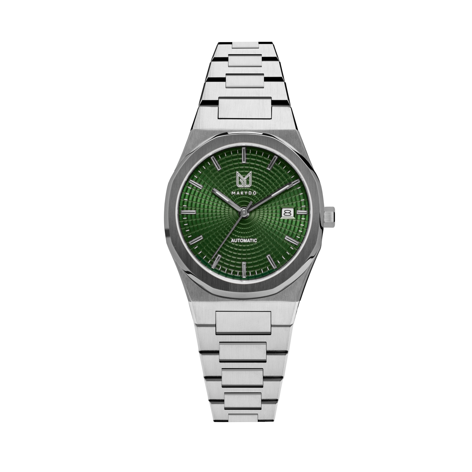MAKYDO Emerald Green Mosaic 38 automatic unisex watch, featuring green mosaic pattern dial.  316L Stainless Steel integrated bracelet complimented with a 9mm of slim case powered by a sturdy Japan MIYOTA 9015 movement.