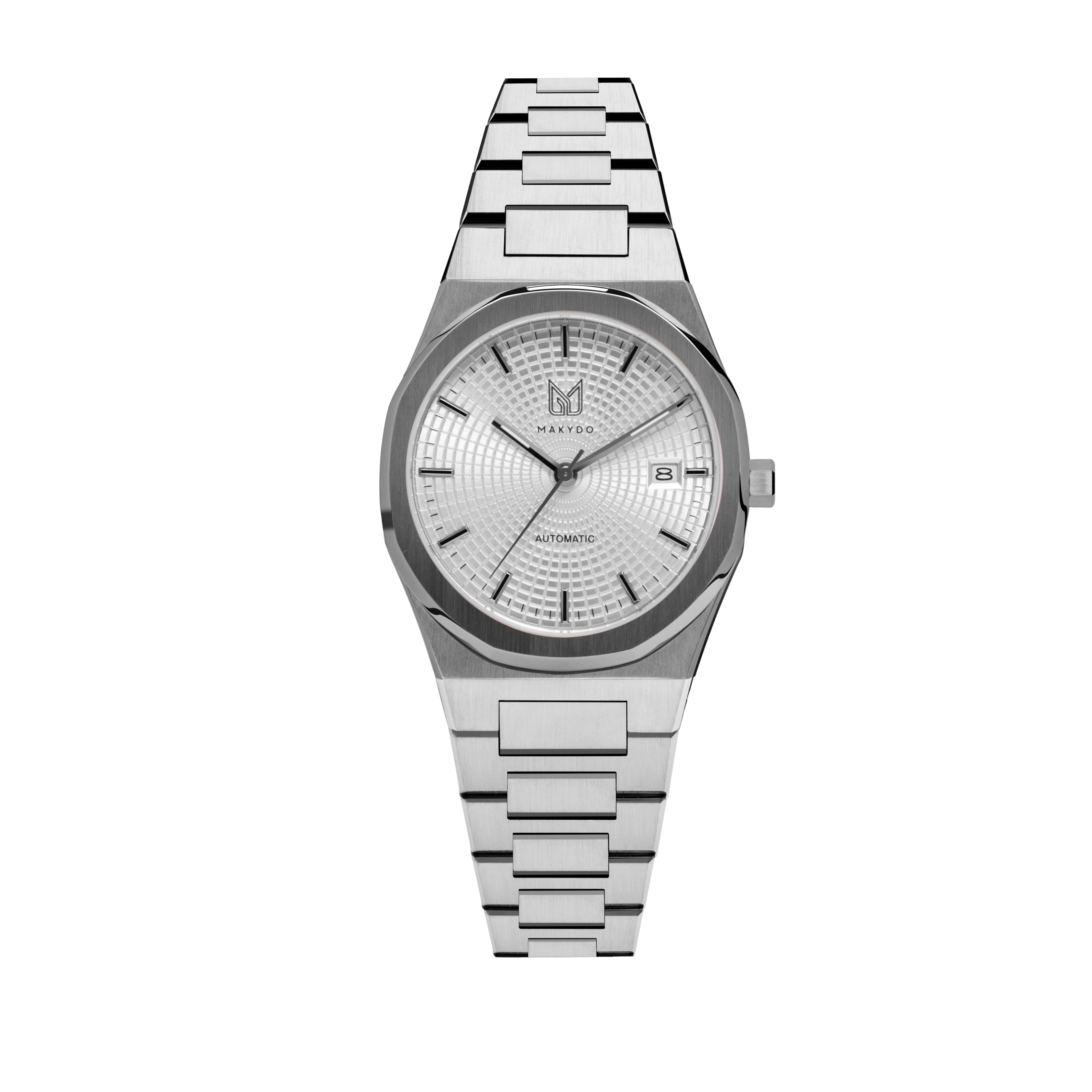 MAKYDO Pearl White Mosaic 38 automatic unisex watch, featuring white mosaic pattern dial.  316L Stainless Steel integrated bracelet complimented with a 9mm of slim case powered by a sturdy Japan MIYOTA 9015 movement.