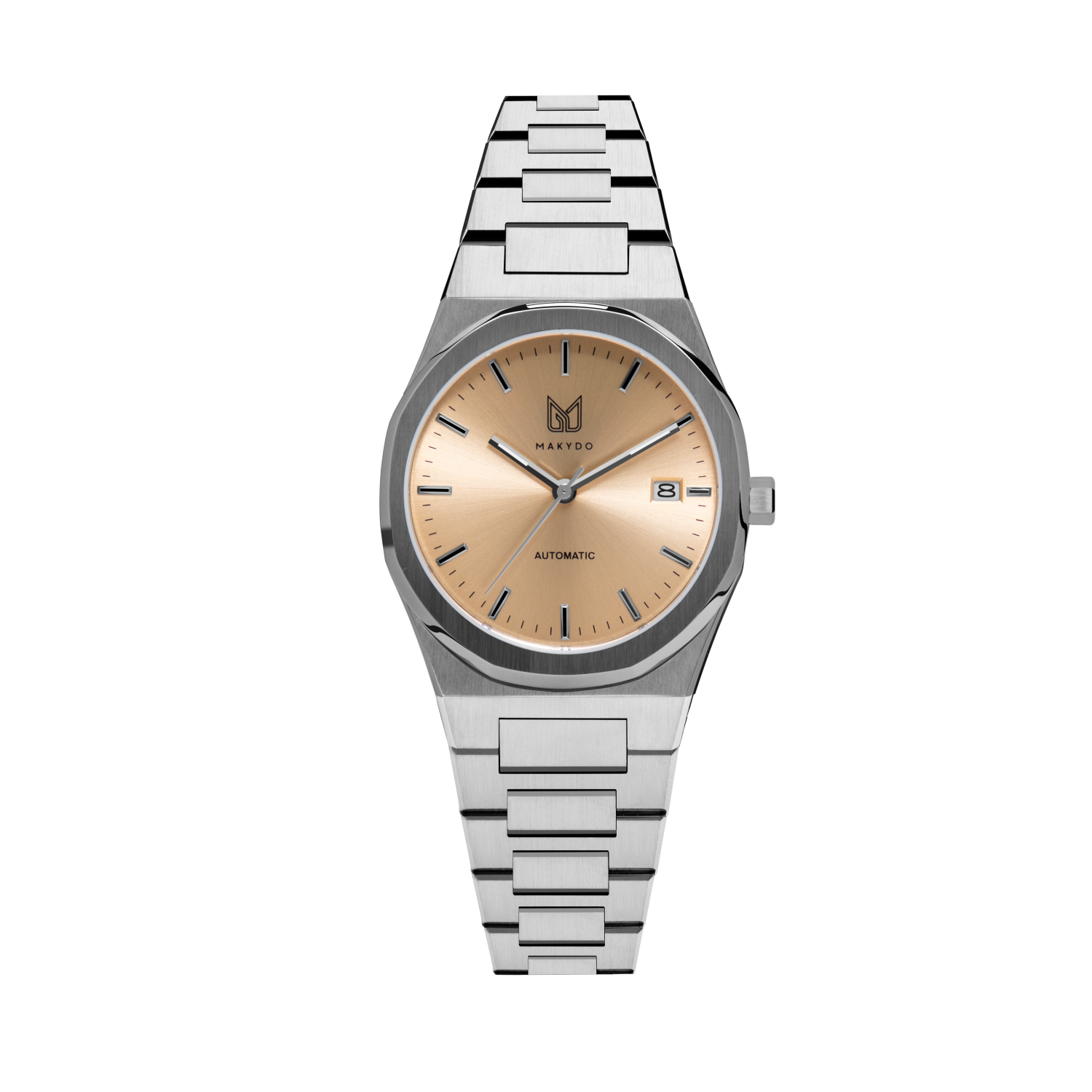 MAKYDO Champagne 38 automatic unisex watch, featuring a Champagne colour dial.  316L Stainless Steel integrated bracelet complimented with a 9mm of slim case powered by a sturdy Japan MIYOTA 9015 movement.