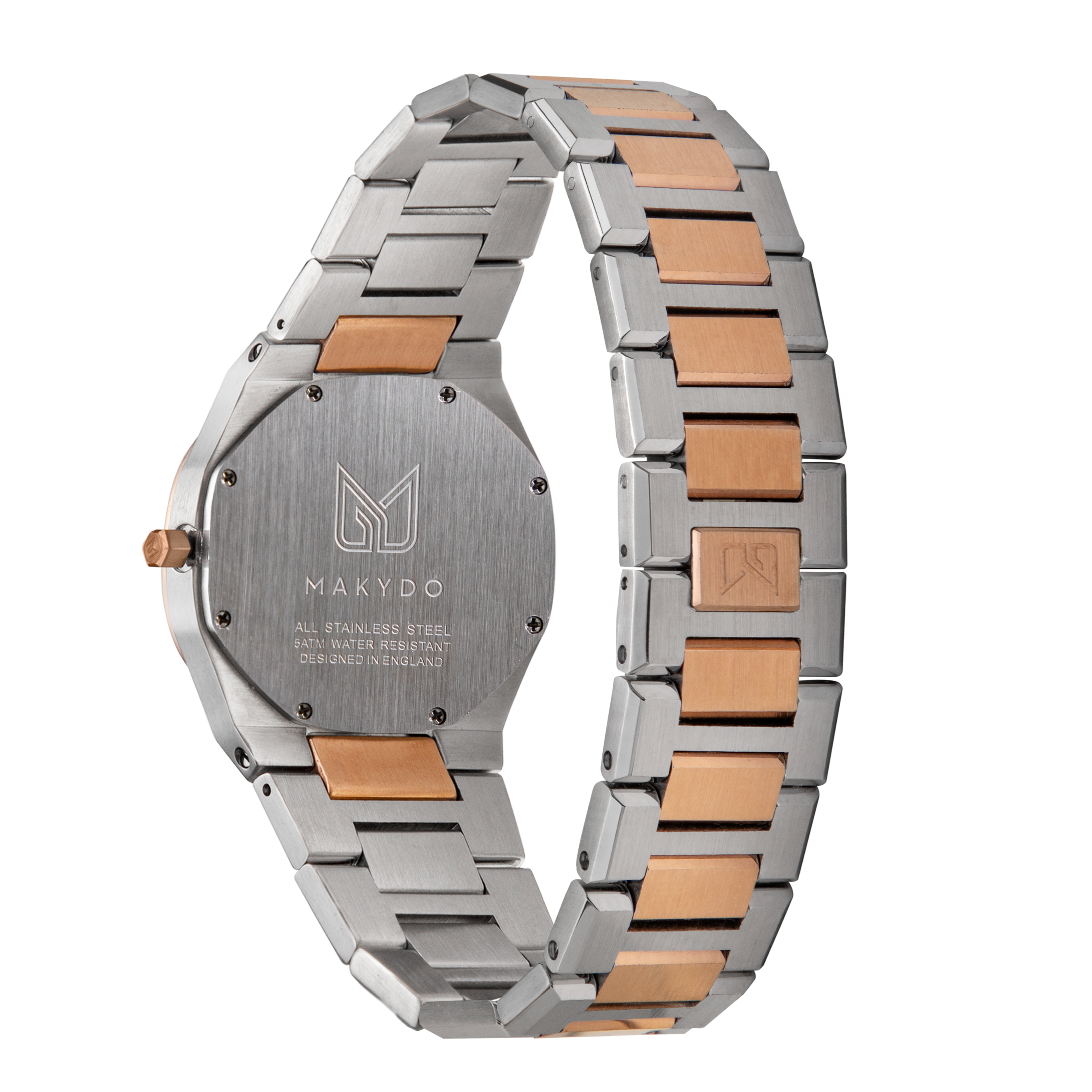 As steel and rose gold unite, Makydo's pearl white women's watch radiates serenity and purity upon your wrist, leaving a trail of inspiration in your wake. The brilliant, highly transparent sapphire crystal with anti-reflective coating expose the sophisticated silver baton hands with BGW9 Lume. The flawless symmetry of perfected Rose Gold plated 316L stainless steel integrated bracelet complimented with a 6.7mm of slim case powered by a sturdy Miyota quartz movement.