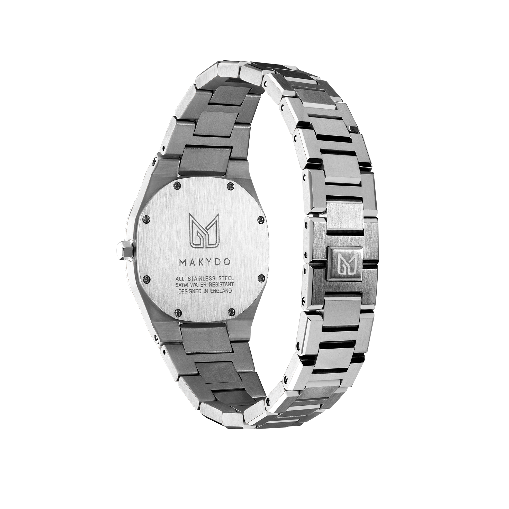 Unveil your captivating beauty with this Makydo women's watch, where strength and grace intertwine in perfect balance. The light pink dial, like a soft blush of dawn, emanates a tender radiance and kindling passions. The brilliant, highly transparent sapphire crystal with anti-reflective coating expose the sophisticated silver baton hands with BGW9 Lume. The flawless symmetry of the 316L Stainless Steel integrated bracelet complimented with a 6.7mm of slim case powered by a sturdy Miyota quartz movement.