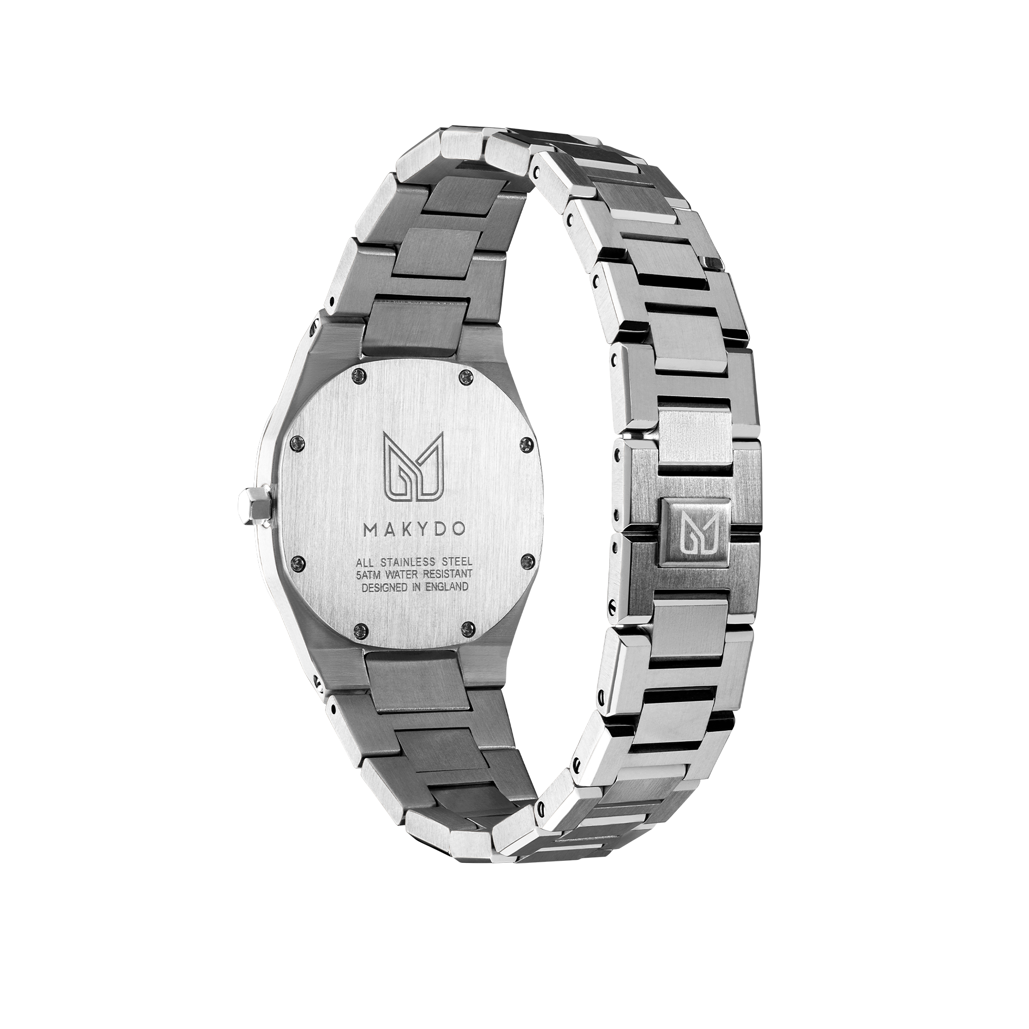 The captivating allure of Pearl White 33, portrays the elegance of luxury with Makydo pearl white women's watch  Adorned with a shimmering sunburst design, reflects light in captivating hues. The brilliant, highly transparent sapphire crystal with anti-reflective coating expose the sophisticated silver baton hands with BGW9 Lume. The flawless symmetry of the 316L Stainless Steel integrated bracelet complimented with a 6.7mm of slim case powered by a sturdy Miyota quartz movement.