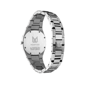 Makydo's onyx black women's watch dial becomes a portal to endless possibilities, a reminder that even in the depths of darkness, brilliance can emerge. The brilliant, highly transparent sapphire crystal with anti-reflective coating expose the sophisticated silver baton hands with BGW9 Lume. The flawless symmetry of the 316L Stainless Steel integrated bracelet complimented with a 6.7mm of slim case powered by a sturdy Miyota quartz movement.